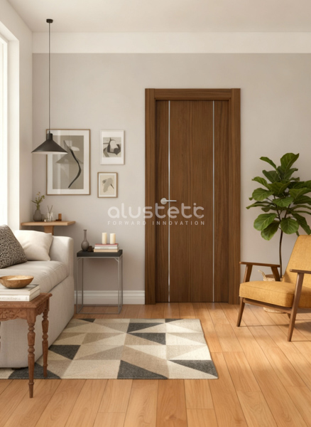Puerta interior de aluminio efecto madera con incrustaciones