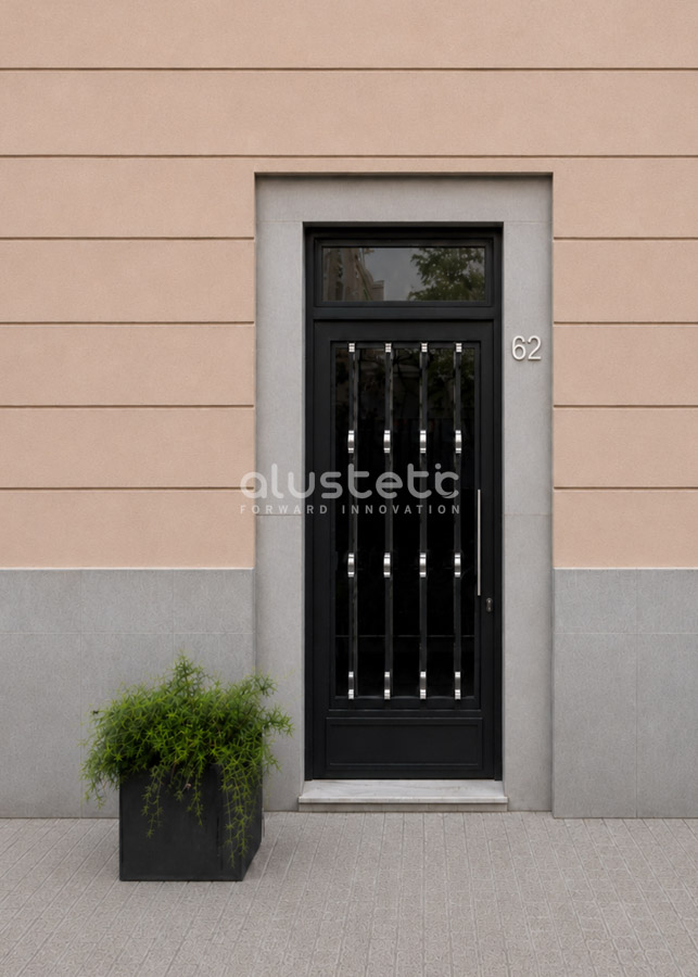 Bespoke black iron door with fixed top panel