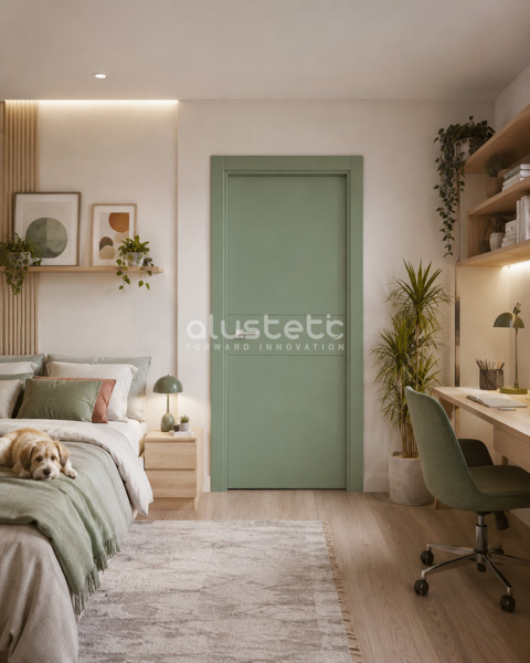 Puerta interior de aluminio fresada en color verde